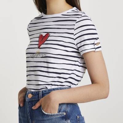 White heart striped turnback tshirt River Island