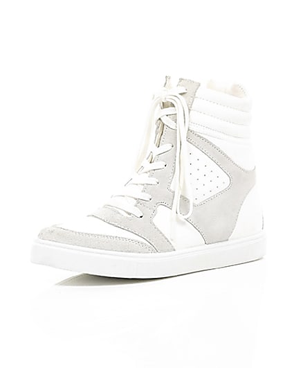 360 degree animation of product White hidden wedge high top trainers frame-0