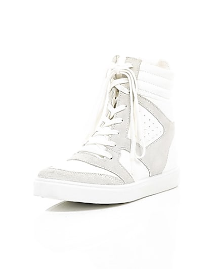360 degree animation of product White hidden wedge high top trainers frame-1