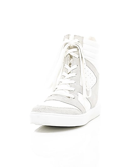 360 degree animation of product White hidden wedge high top trainers frame-2