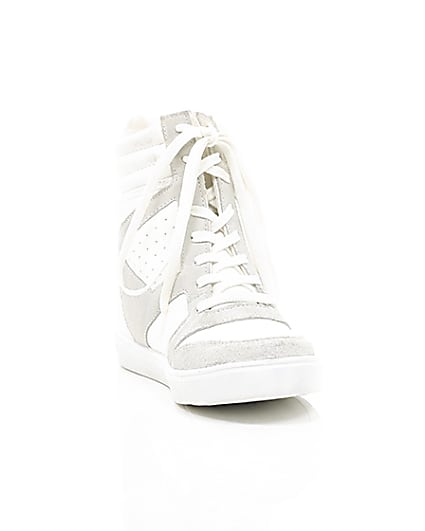 360 degree animation of product White hidden wedge high top trainers frame-5