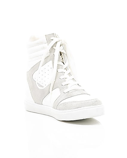 360 degree animation of product White hidden wedge high top trainers frame-6