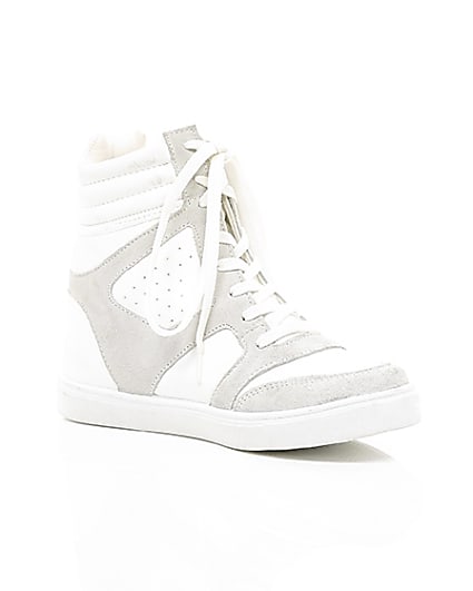 360 degree animation of product White hidden wedge high top trainers frame-7
