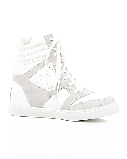 360 degree animation of product White hidden wedge high top trainers frame-8