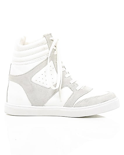 360 degree animation of product White hidden wedge high top trainers frame-9