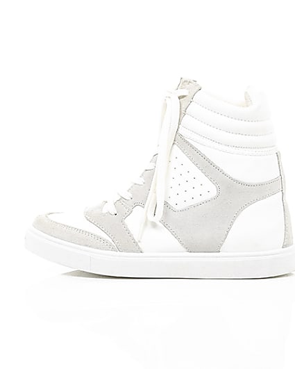 360 degree animation of product White hidden wedge high top trainers frame-21