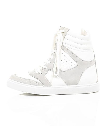 360 degree animation of product White hidden wedge high top trainers frame-22