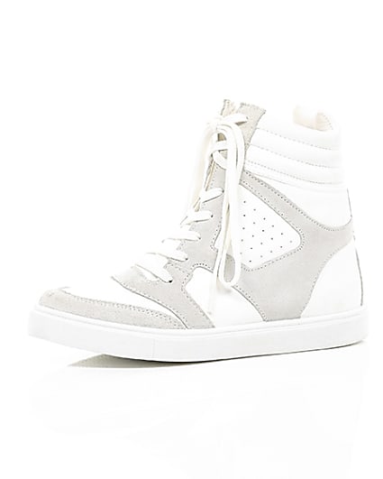 360 degree animation of product White hidden wedge high top trainers frame-23