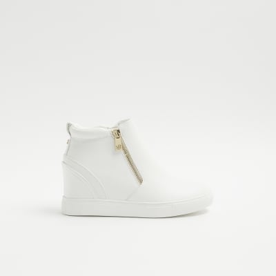 White hidden wedge zip up trainers | River Island