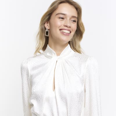 White jacquard long sleeve mini dress