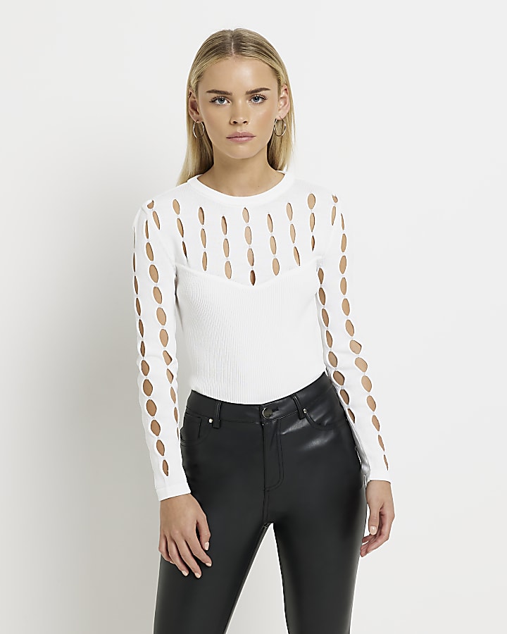 White knit cut out long sleeve top