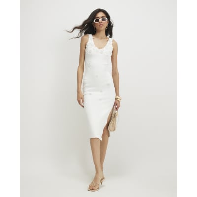 White Knitted Embroidered Flower Midi Dress | River Island