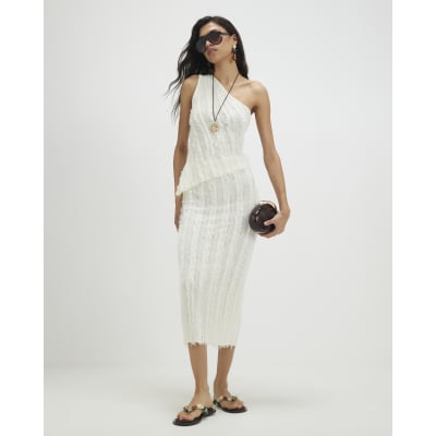White Knitted Fringed Midi Skirt