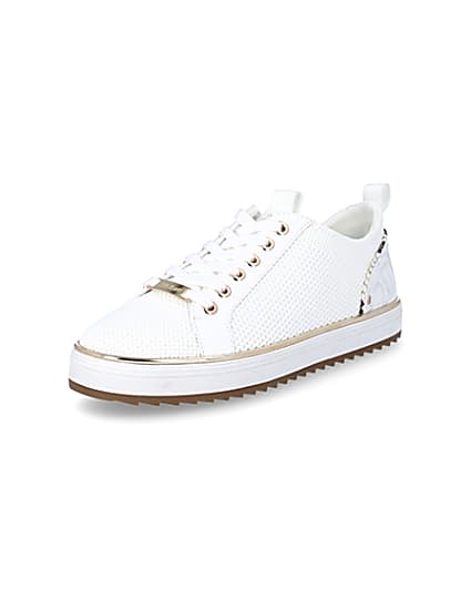 360 degree animation of product White knitted lace-up cleated trainers frame-0