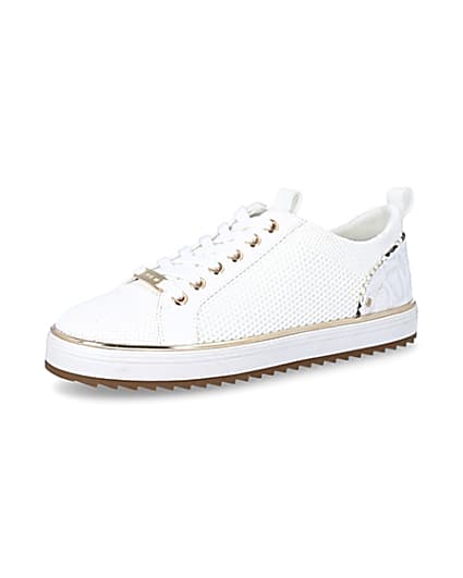 360 degree animation of product White knitted lace-up cleated trainers frame-1