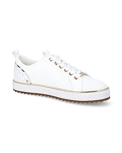 360 degree animation of product White knitted lace-up cleated trainers frame-17