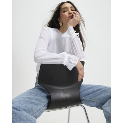 White Knitted Long Chiffon Sleeve Top