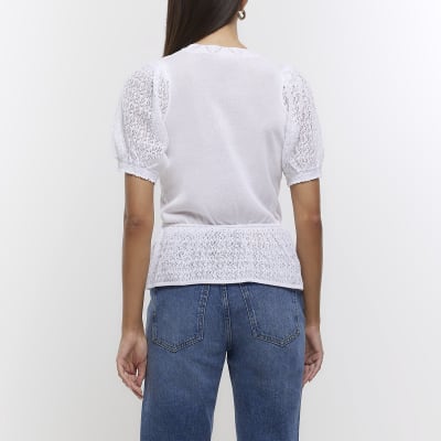 White Knitted Puff Sleeve Peplum Top River Island