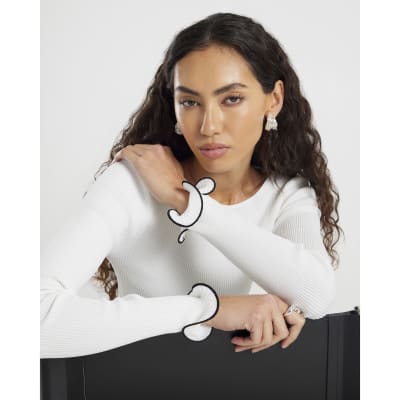 White Knitted Scallop Trim Detail Top