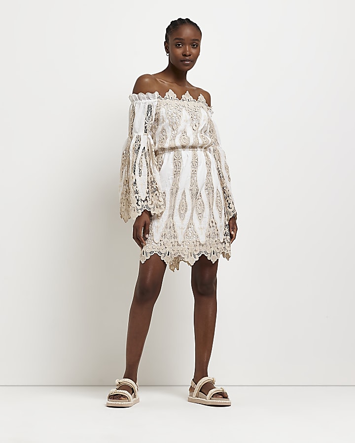 White lace bardot mini dress