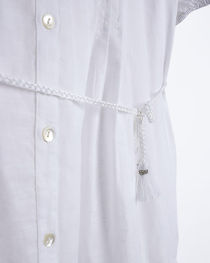 White lace belted mini shirt dress