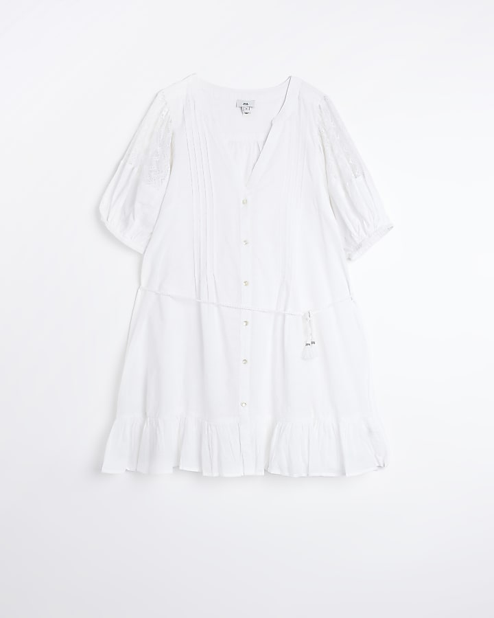 White lace belted mini shirt dress