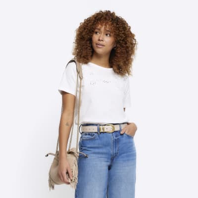 White Lace Cut Out T Shirt River Island