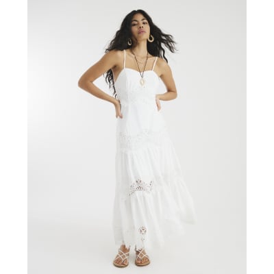 White Vintage Style Antique Ivory Embroidered Lace Modest Midi Dress  Reclaimed Vintage Midi Cami Dress With