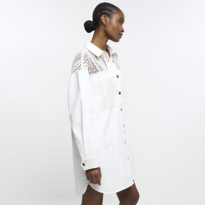 White lace detail mini shirt dress
