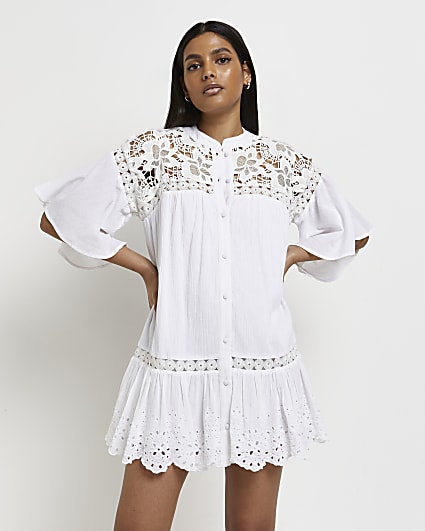 White lace detail mini shirt dress