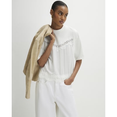 White Lace Detail T-Shirt | River Island