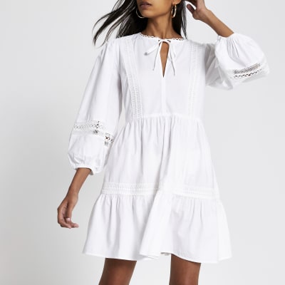 embroidered smock dress white