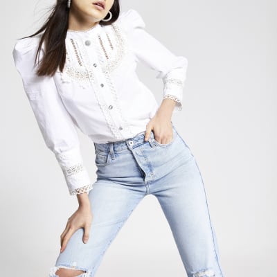 White lace embroidered puff sleeve blouse River Island