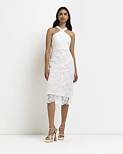 White lace halter neck midi dress