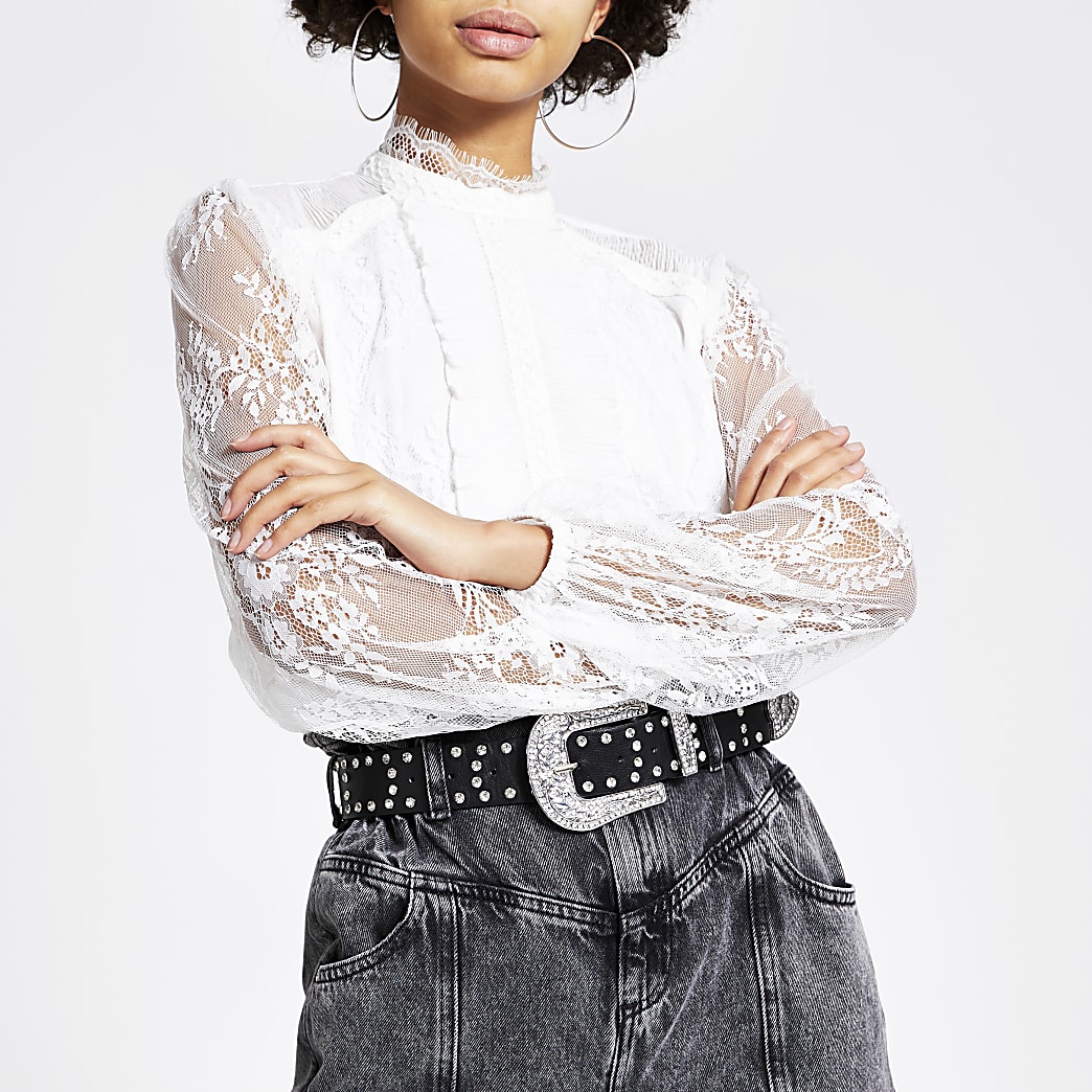 White lace long sleeve frill front blouse | River Island