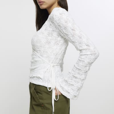 White lace long sleeve wrap top River Island