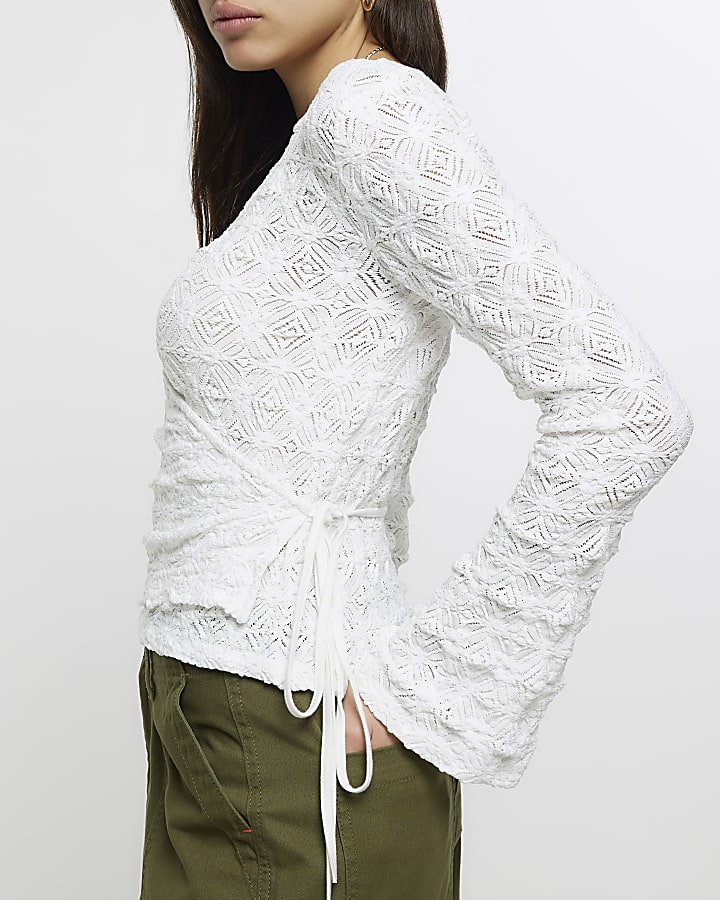 White lace long sleeve wrap top