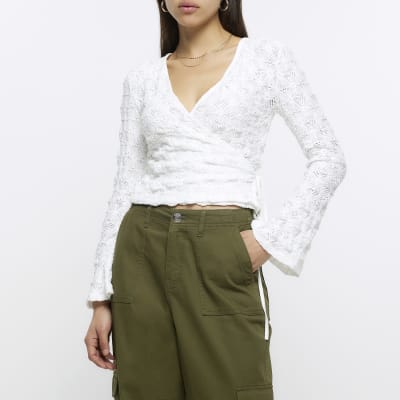 White lace long sleeve wrap top River Island