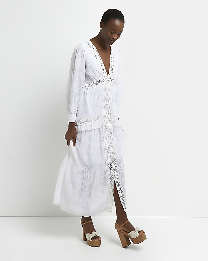White lace maxi shirt dress | River Island
