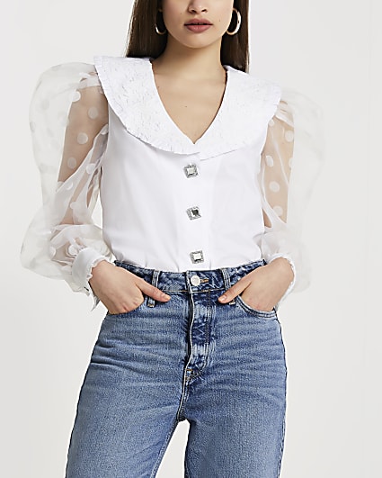 White lace organza collar shirt blouse top