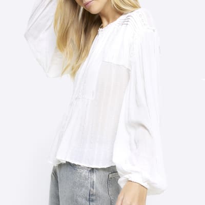 White lace pleated smock blouse | River Island