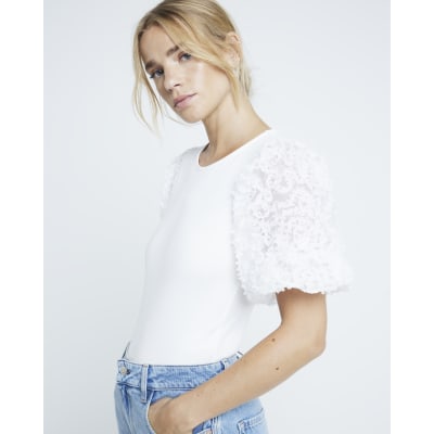 White lace puff sleeve top hotsell