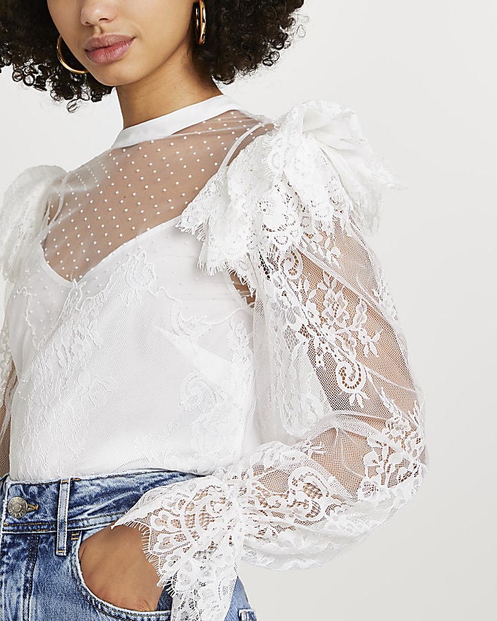 White lace sheer frill blouse top