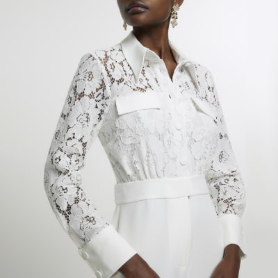 White lace shirt jumpsuit