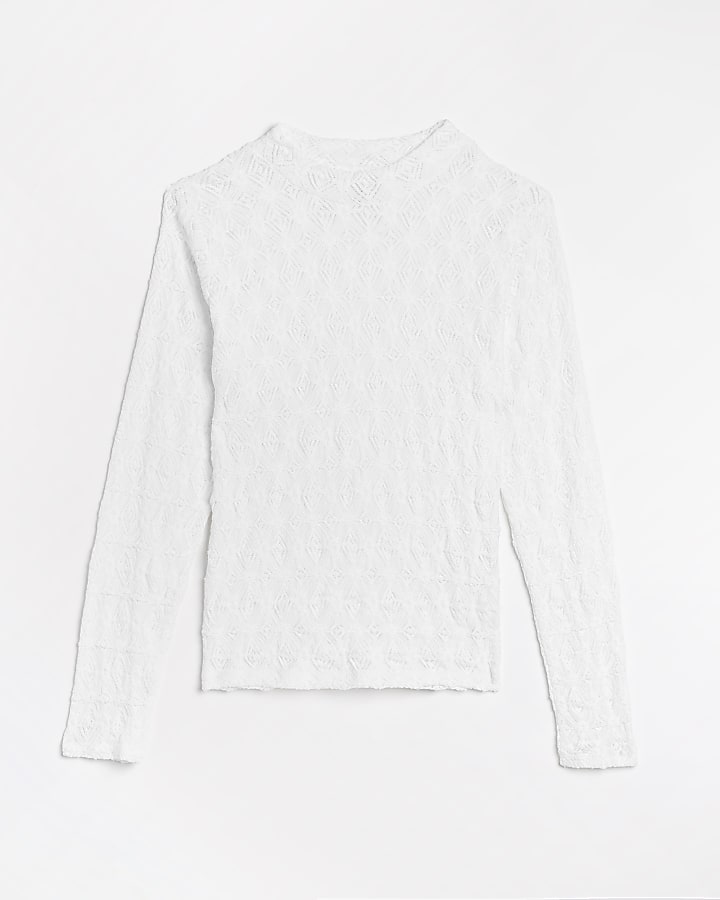 White lace textured long sleeve top
