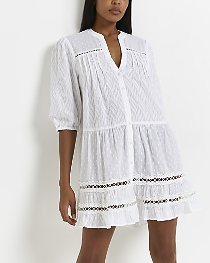 White lace trim mini shirt dress