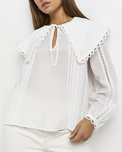 White lace trim oversized collar blouse