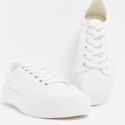 White lace up canvas trainers | River Island