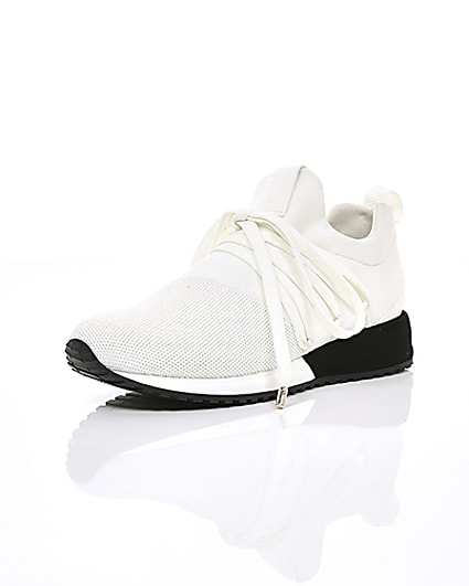 360 degree animation of product White lace-up runner trainers frame-0