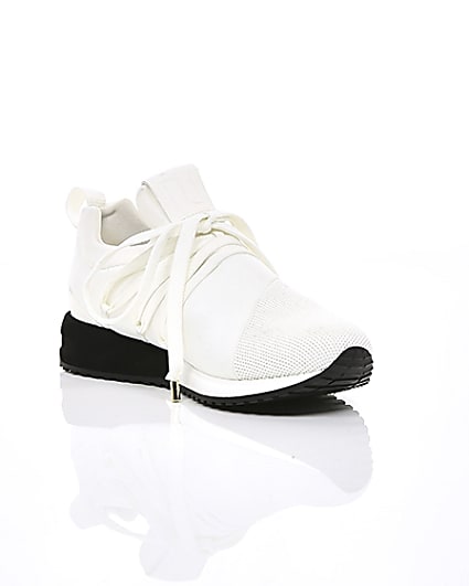 360 degree animation of product White lace-up runner trainers frame-6